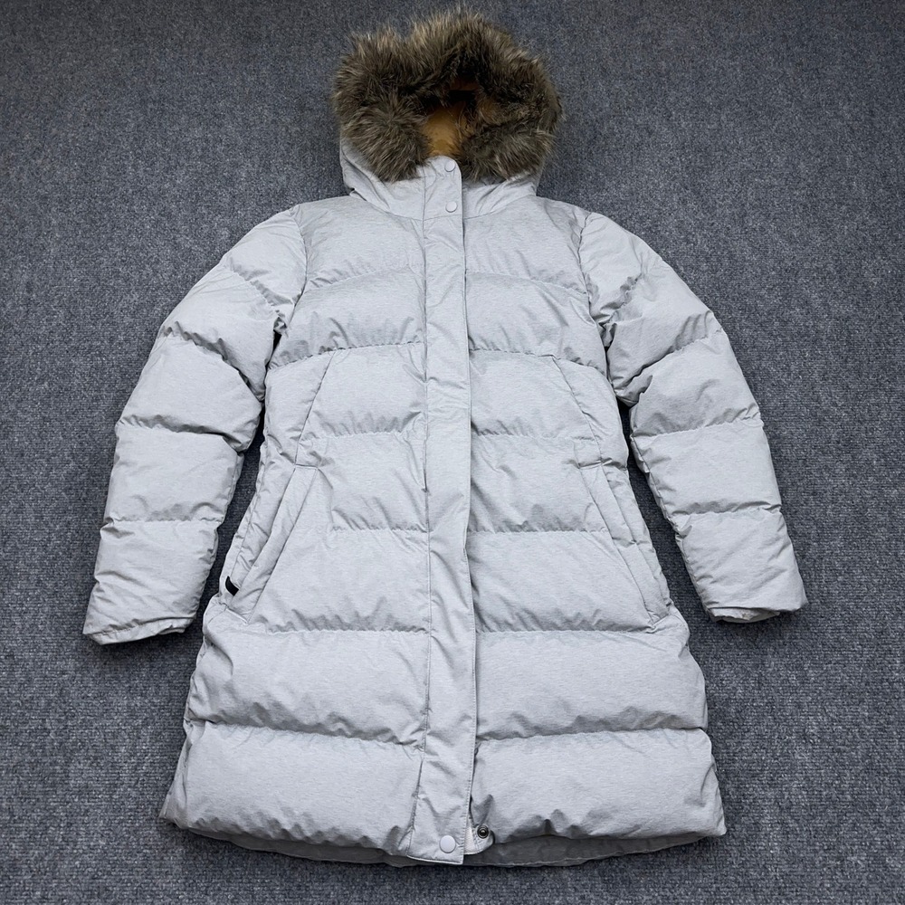 prAna Kromata Long Down Jacket Women XS Silver Spray Heather Hooded Puffer Parka